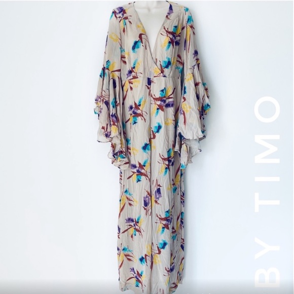 BY TIMO tulip V-neck wide leg jumpsuit floral boho Free People viscose tan - Picture 3 of 13